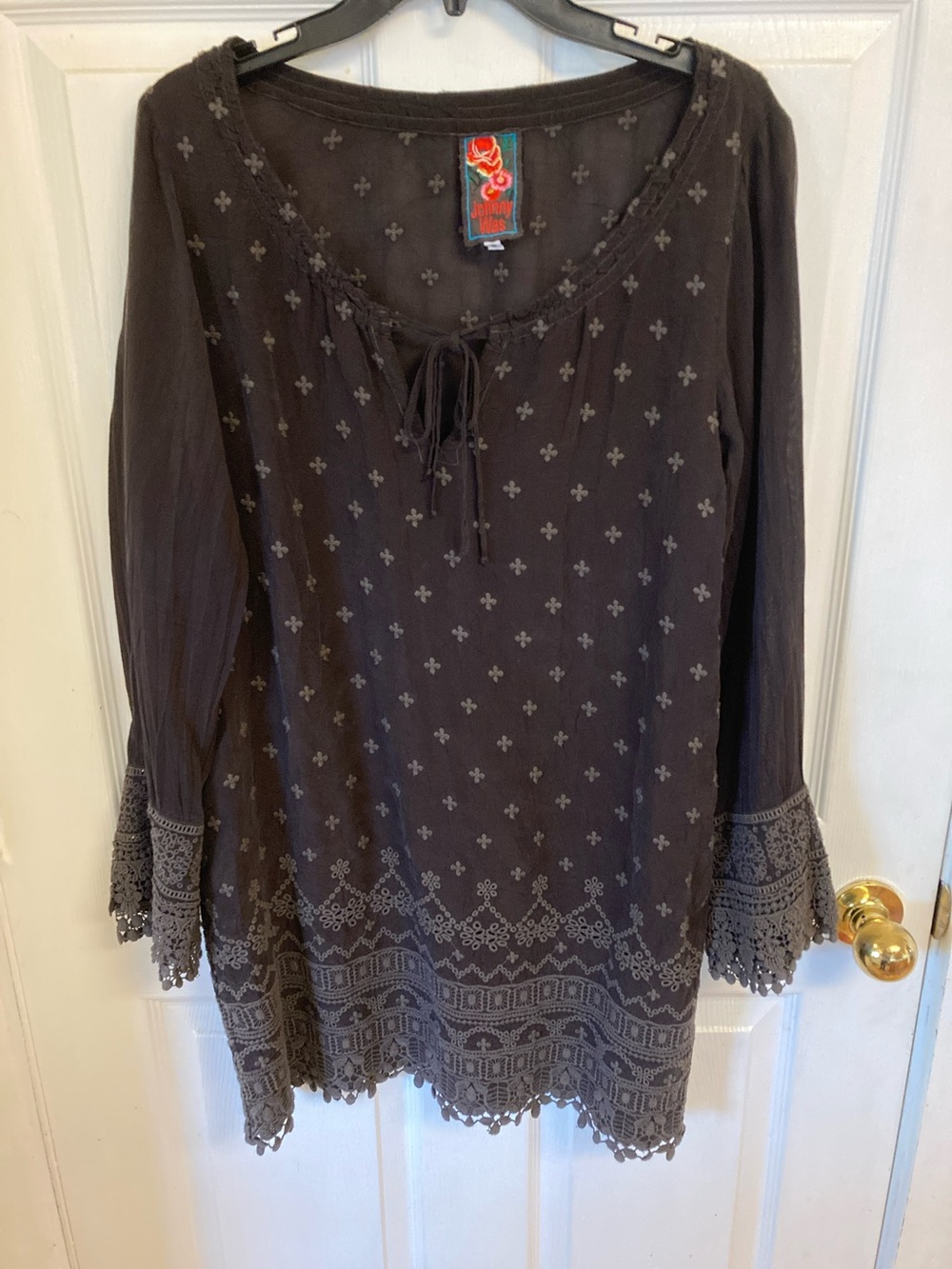 Johnny Was Black & Gray Embroidered Crochet-Trim Peasant Dress
